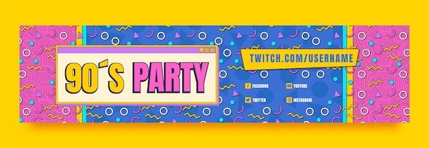 Flat design colorful 90s party twitch banner