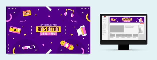 Flat design colorful 90s party youtube channel art