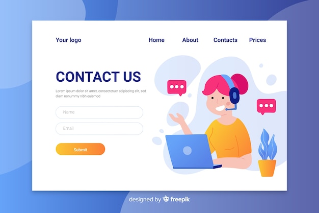 Flat design colorful contact us landing page with female operator talking