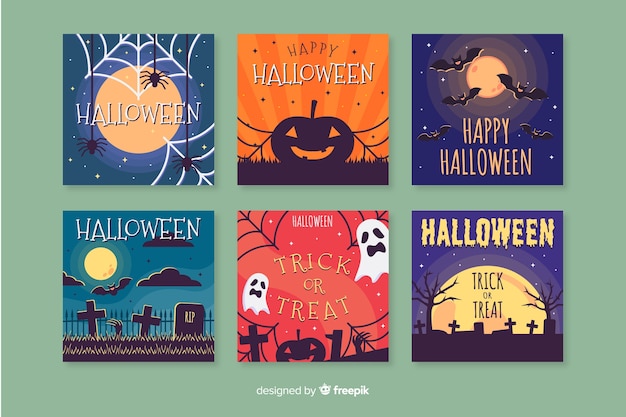 Flat design of colorful halloween card collection