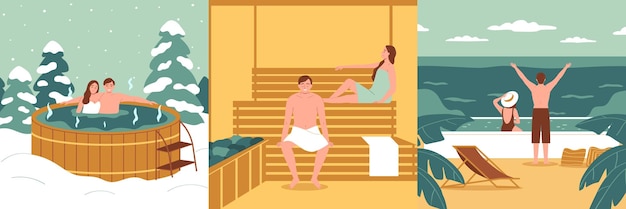 Free Vector flat design concept with people bathing in thermal waters relaxing in sauna isolated vector illustration