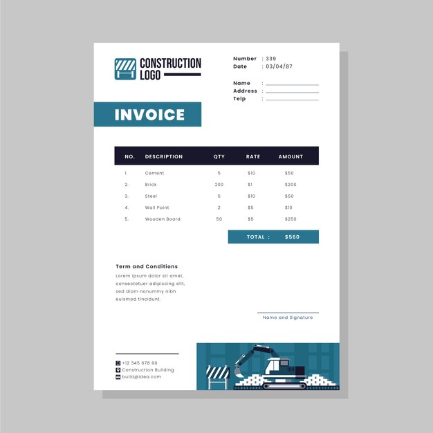 Flat design construction project invoice