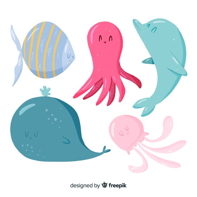 Flat design cute marine animals collection