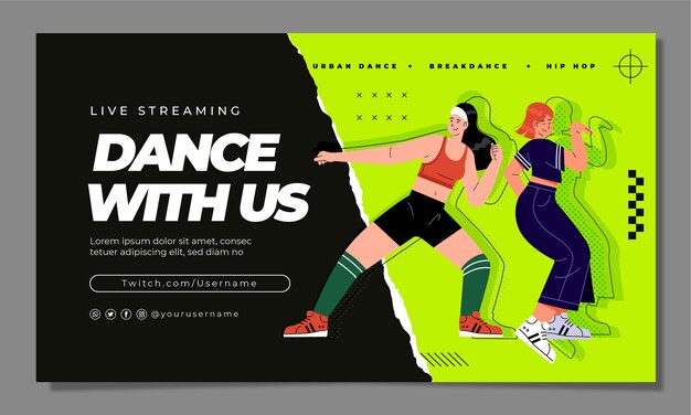 Flat design dance school twitch background with dancers