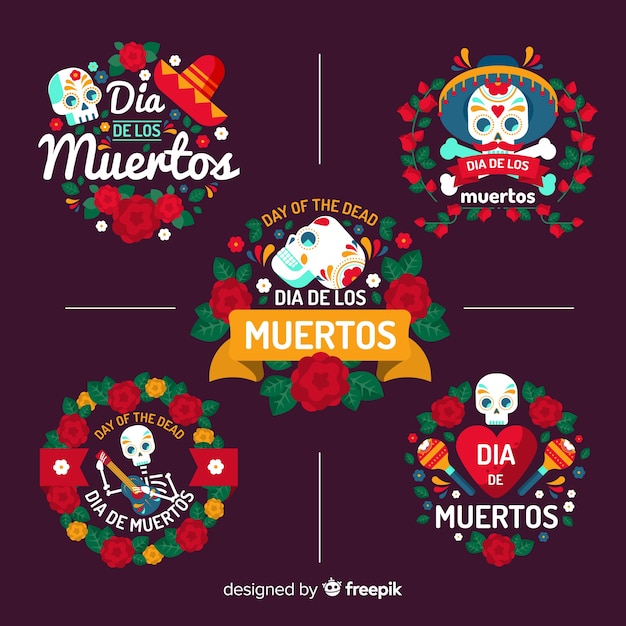 Flat design of dia de muertos badge collection