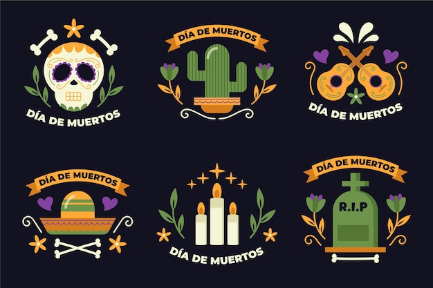 Flat design dia de muertos badge collection