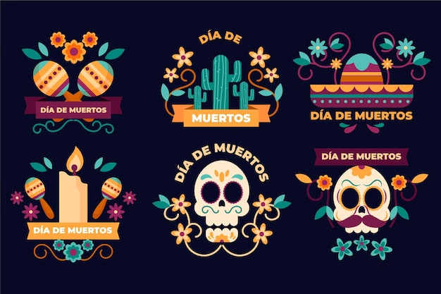 Flat design dia de muertos badge collection