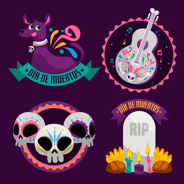 Flat design dia de muertos badge collection