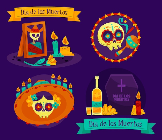 Flat design dia de muertos badge collection