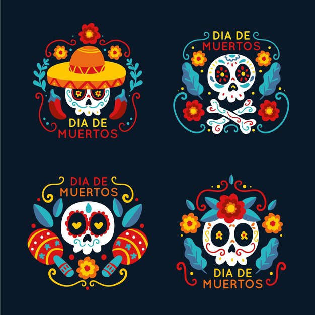 Flat design dia de muertos badge collection