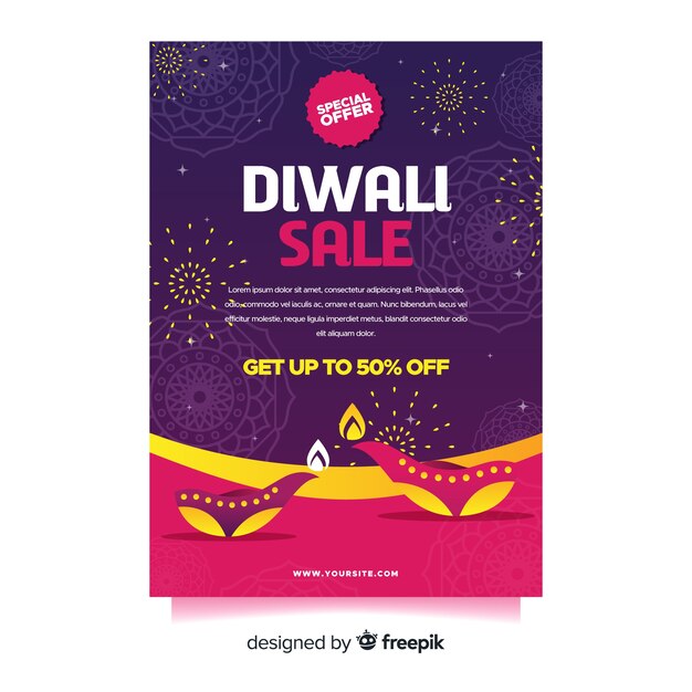 Flat design of diwali sale flyer template