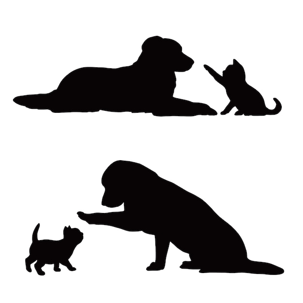 Flat design dog and cat silhouette set