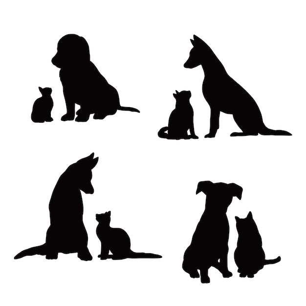 Free Vector flat design dog and cat silhouette set