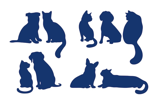 Free Vector flat design dog and cat silhouette set