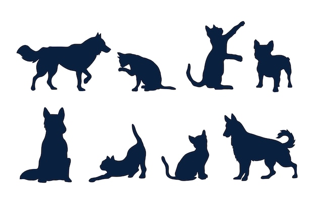 Free Vector flat design dog and cat silhouette set