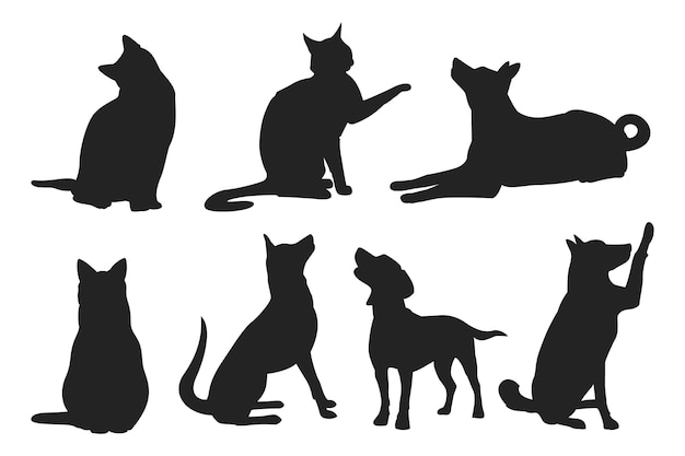 Free Vector flat design dog and cat silhouette set