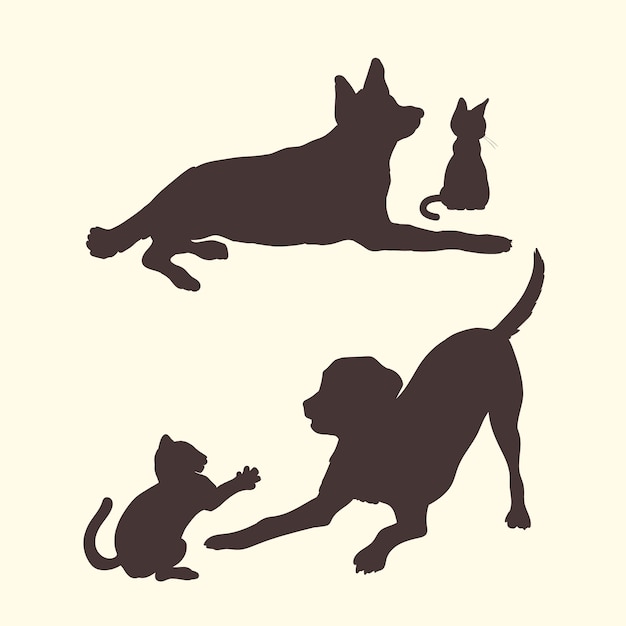 Free Vector flat design dog and cat silhouette set