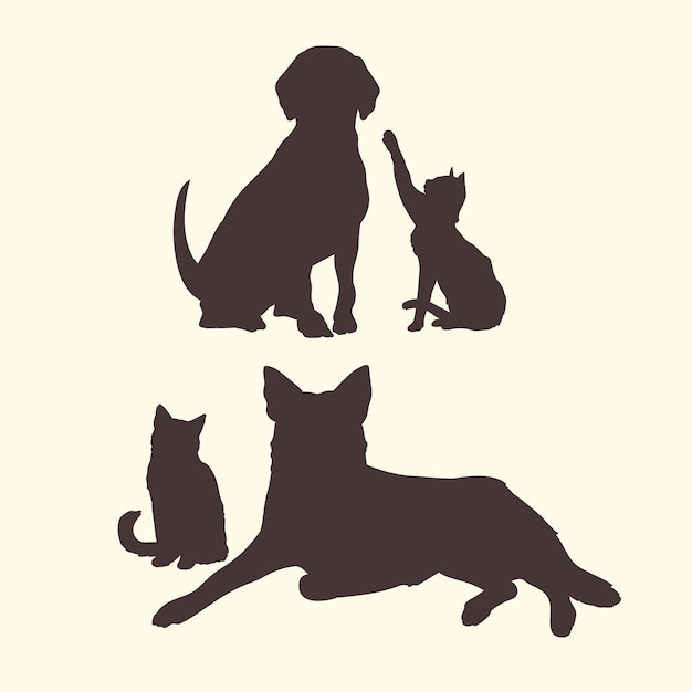 Free Vector flat design dog and cat silhouette set