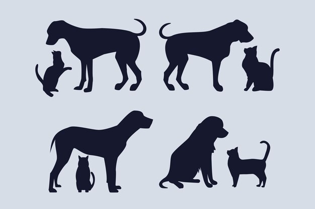 Flat design dog and cat silhouette set