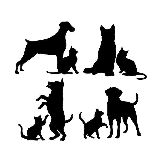 Free Vector flat design dog and cat silhouette set