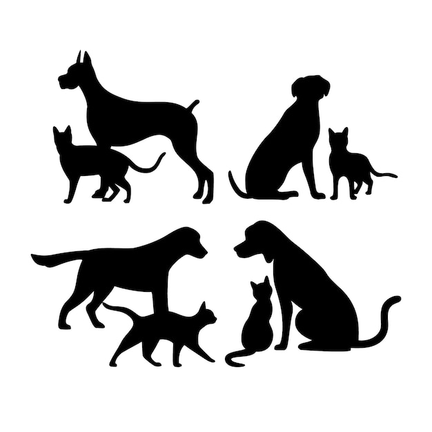 Free Vector flat design dog and cat silhouette set