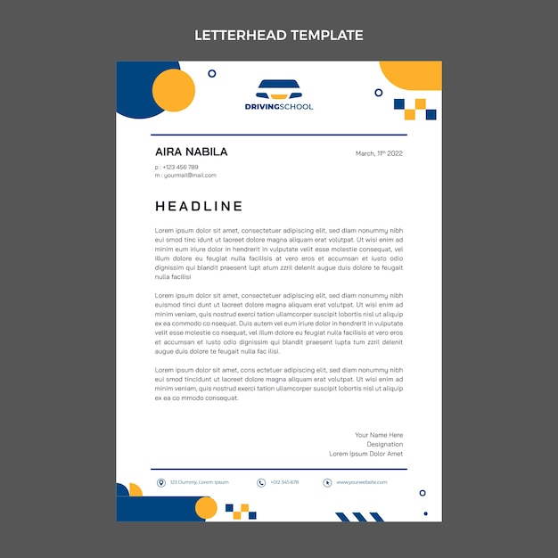 Flat design driving school letterhead template