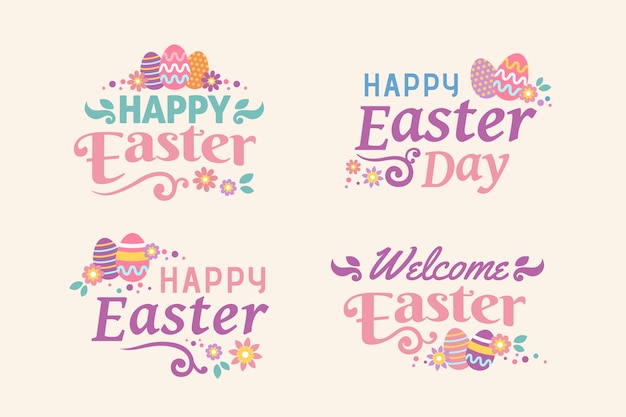 Flat design easter day lettering badge with eggs