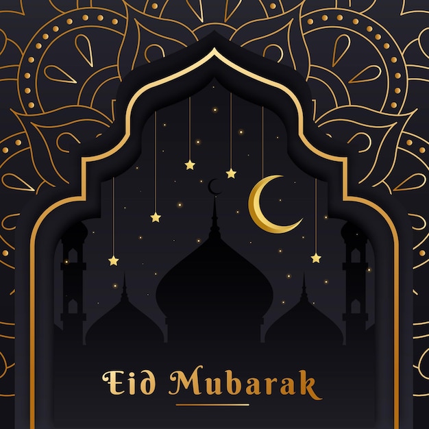 Flat design eid mubarak with moon over mosque