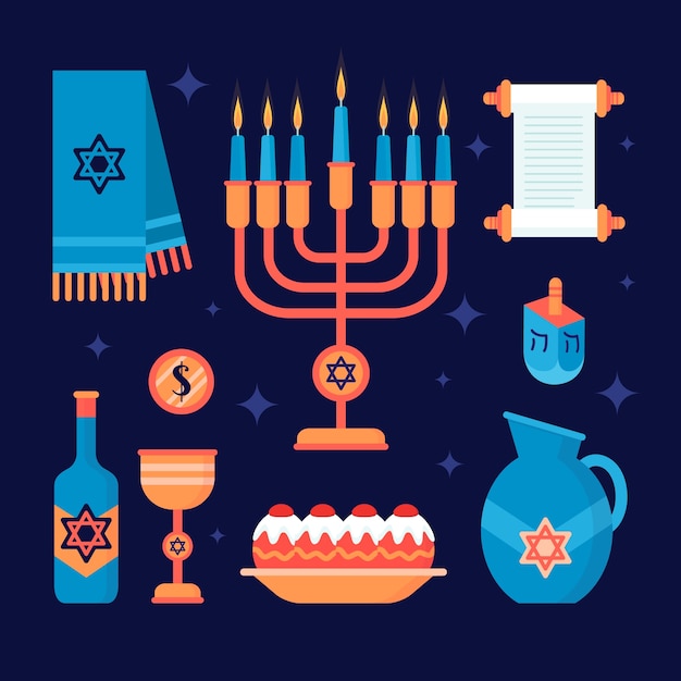 Flat design elements collection for hanukkah celebration