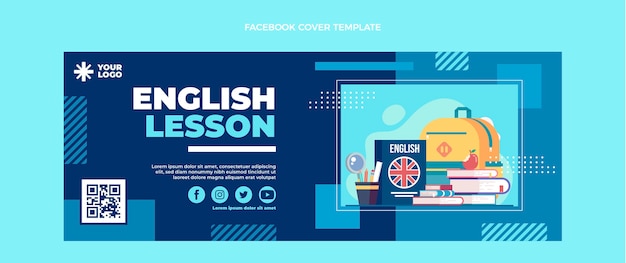 Flat design english lessons facebook cover