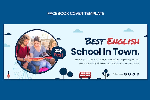 Flat design english lessons facebook cover