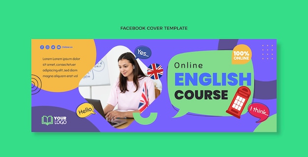 Flat design english lessons facebook cover