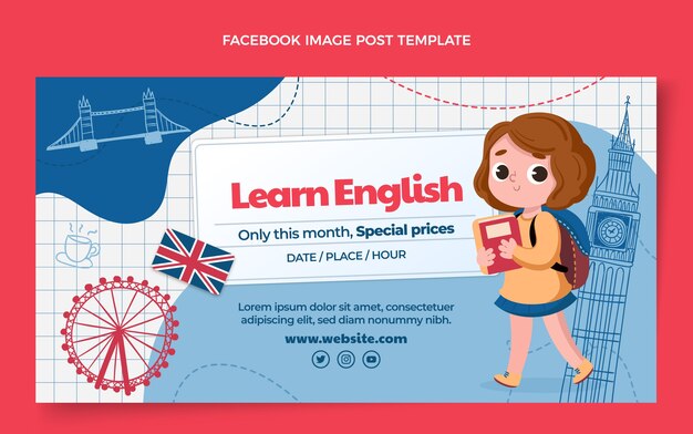 Flat design english lessons facebook post template