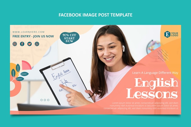 Flat design english lessons facebook post