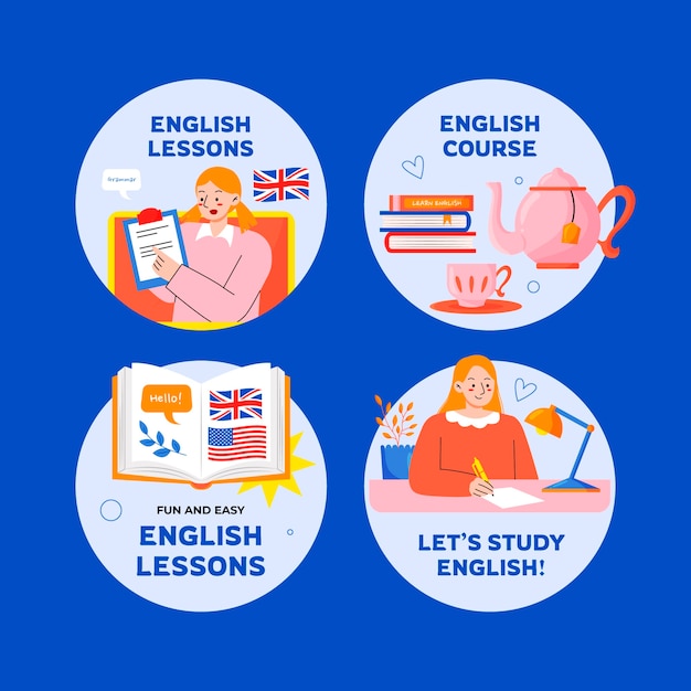 Flat design english lessons labels