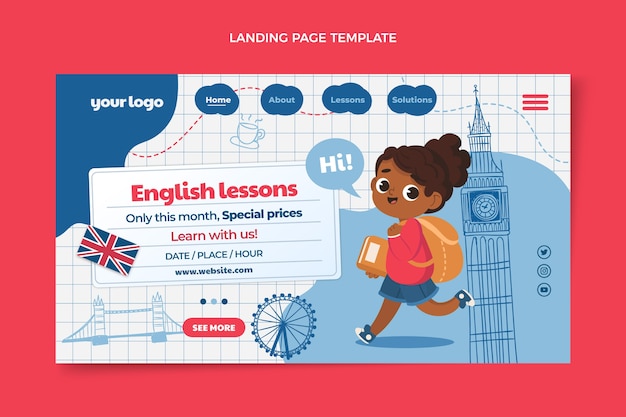 Flat design english lessons landing page template