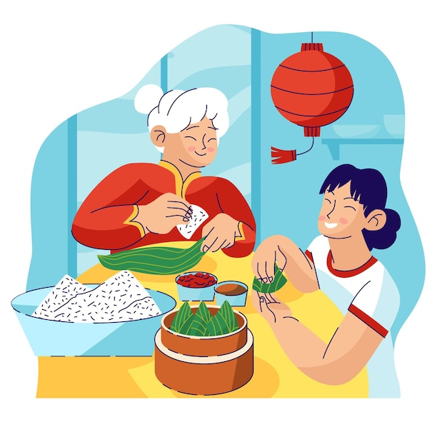 Free Vector flat design family preparing zongzi