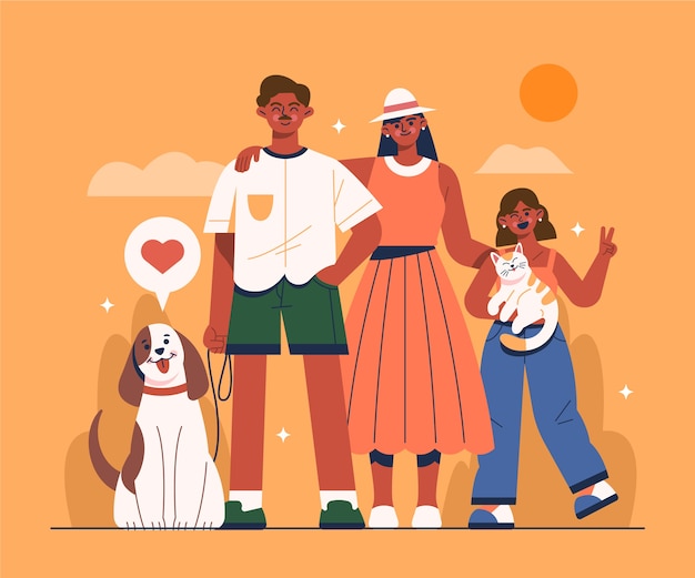 Flat design of family with pets illustration