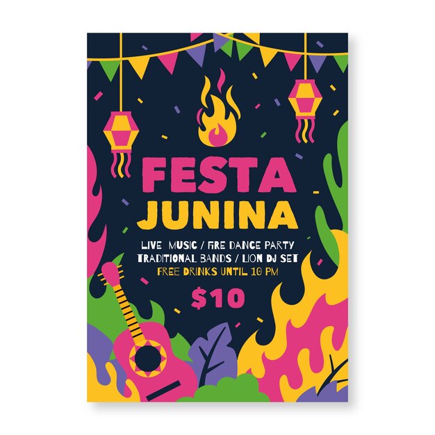 Flat design festa junina flyer with guitar