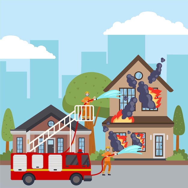 Flat design of firefighters putting out a fire