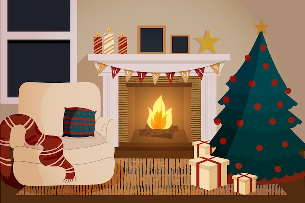 Flat design fireplace scene