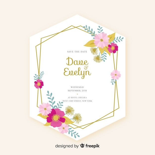 Flat design of floral frame wedding invitation