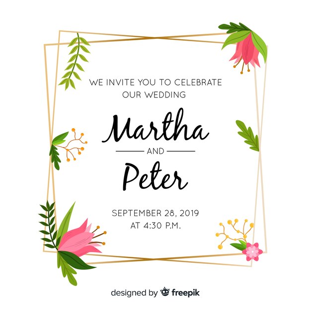 Flat design of floral frame wedding invitation