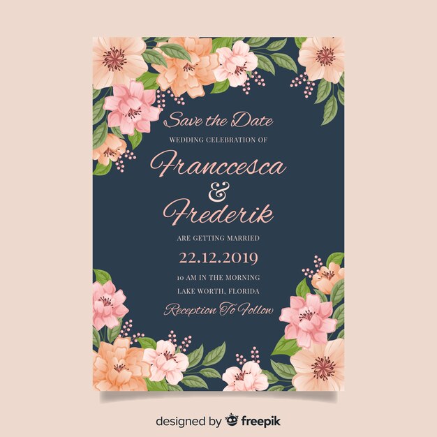 Flat design of floral wedding invitation template