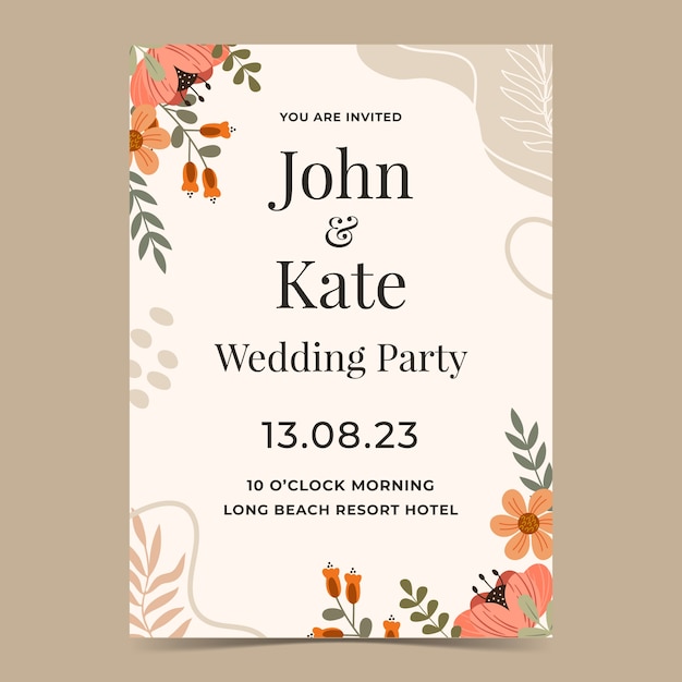 Flat design floral wedding invitation template