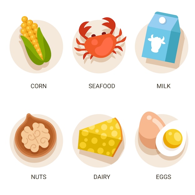 Flat design food allergy icon set