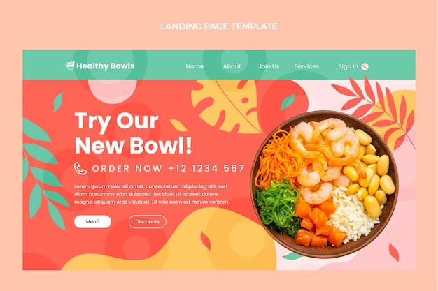 Flat design food bowl landing page template