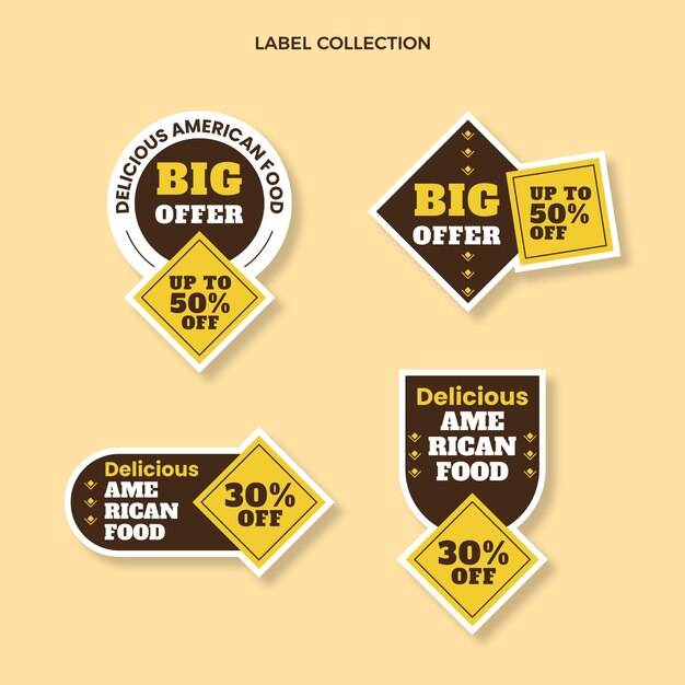 Flat design food labels with discount