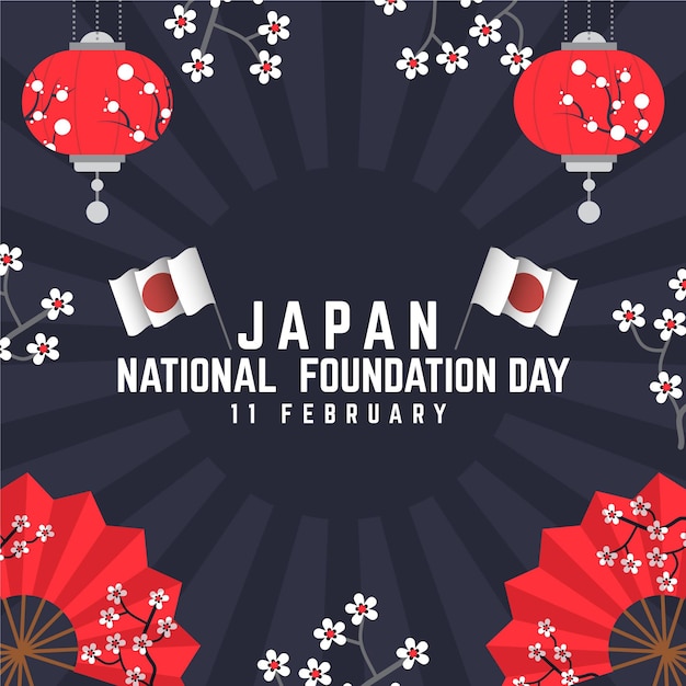 Flat design foundation day (japan) background with flowers and flags