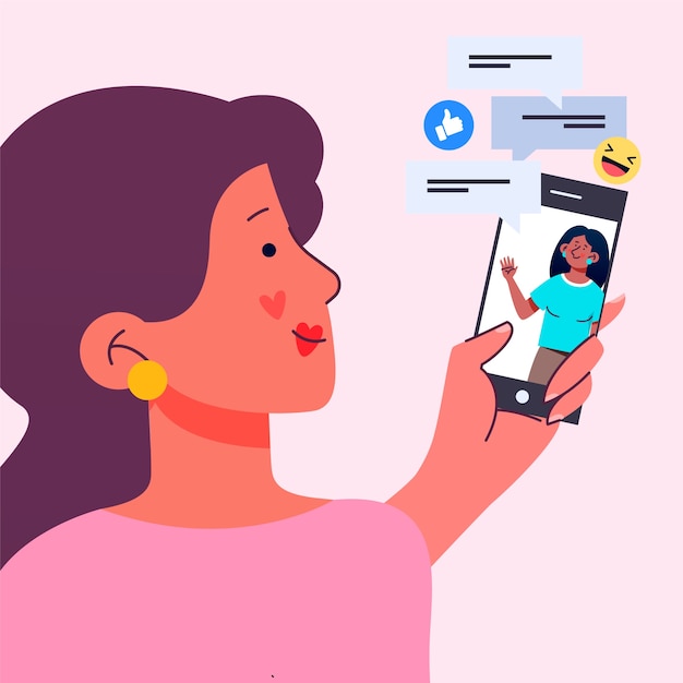 Flat design friends videocalling on smartphone illustration